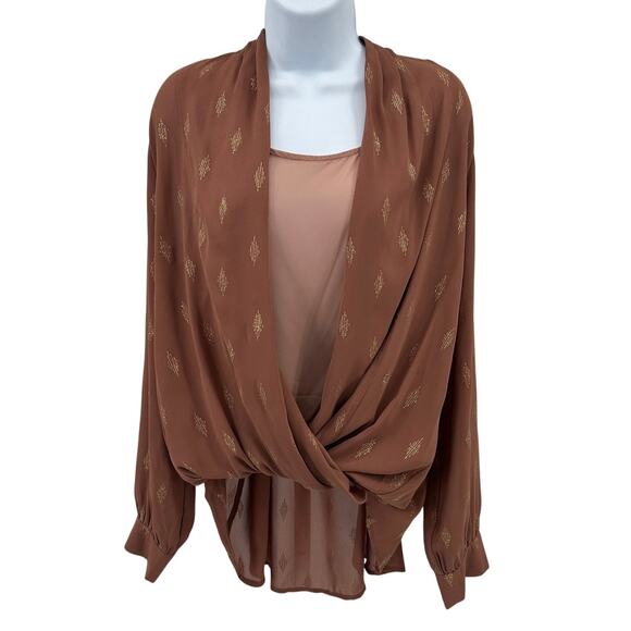 Mystree Long Sleeve Top WMNS L Mauve Gold Built In Cami Adjustable Strap Hi Low - Picture 1 of 12
